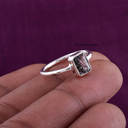 Black Rutile Quartz Ring – Sterling Silver Dainty Jewelry
