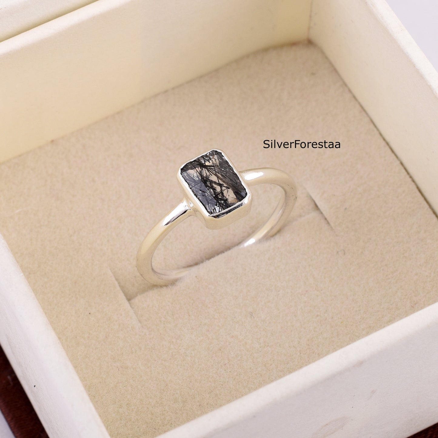 Black Rutile Quartz Ring – Sterling Silver Dainty Jewelry