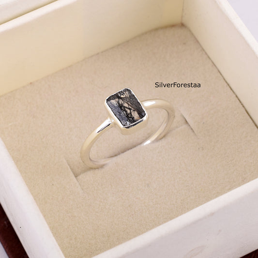 Black Rutile Quartz Ring – Sterling Silver Dainty Jewelry