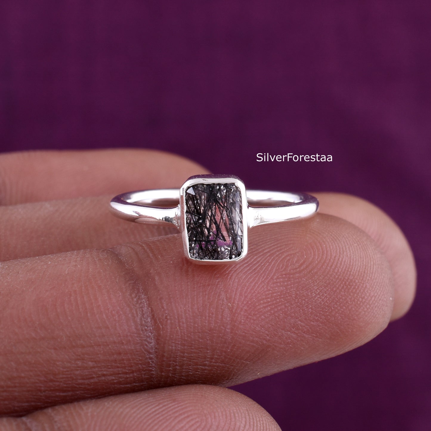 Black Rutile Quartz Ring – Sterling Silver Dainty Jewelry