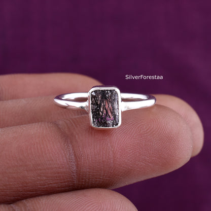 Black Rutile Quartz Ring – Sterling Silver Dainty Jewelry