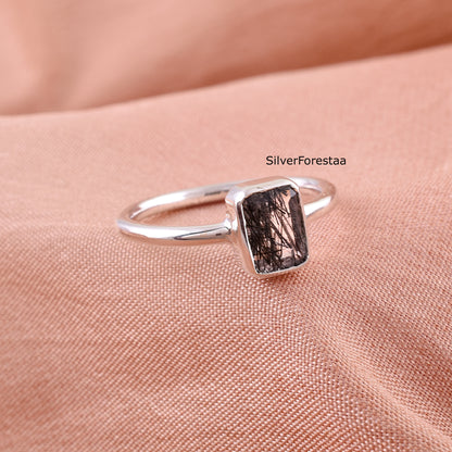 Black Rutile Quartz Ring – Sterling Silver Dainty Jewelry