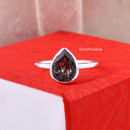 Natural Black Rutile Gemstone Ring – Dainty Silver Jewelry