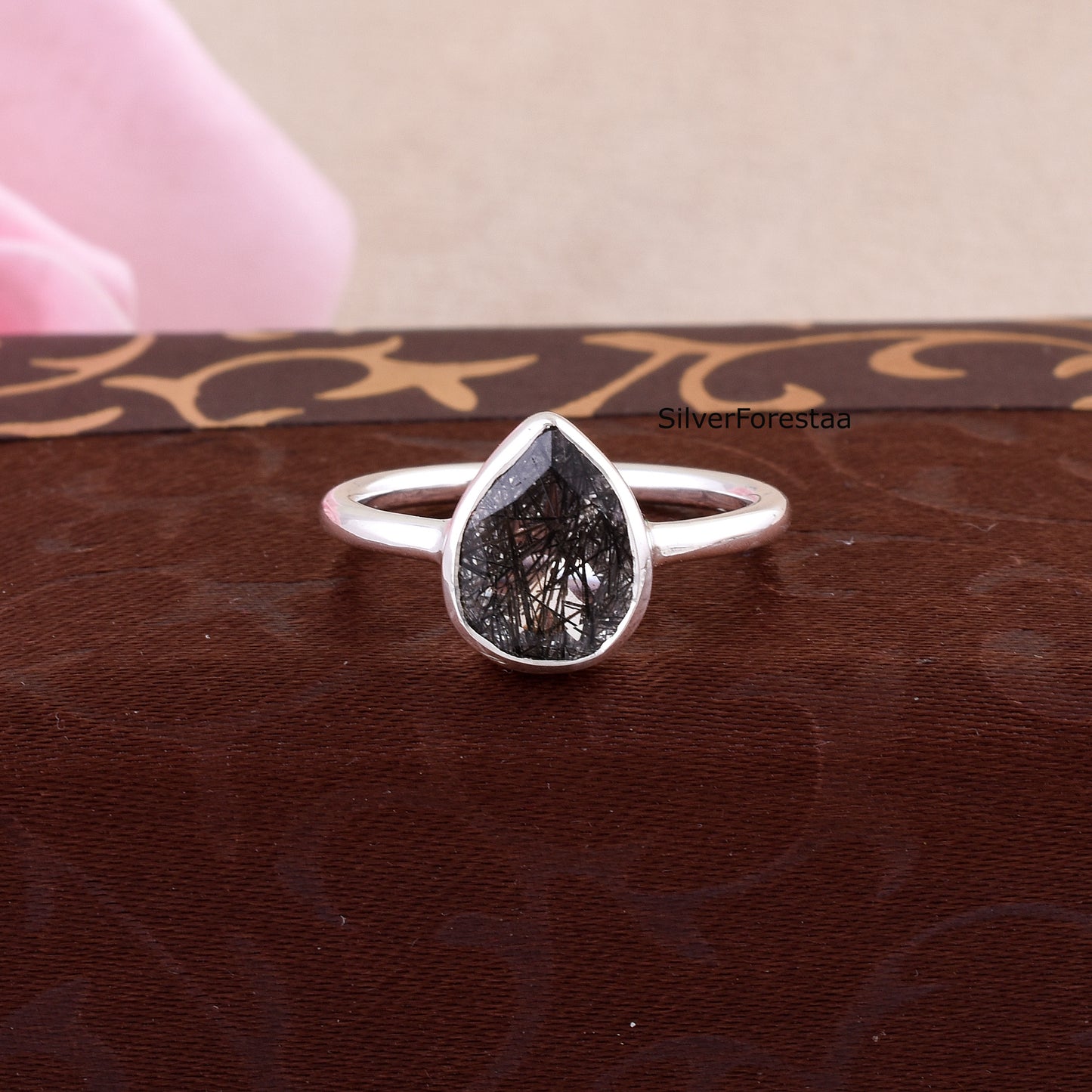 Natural Black Rutile Gemstone Ring – Dainty Silver Jewelry