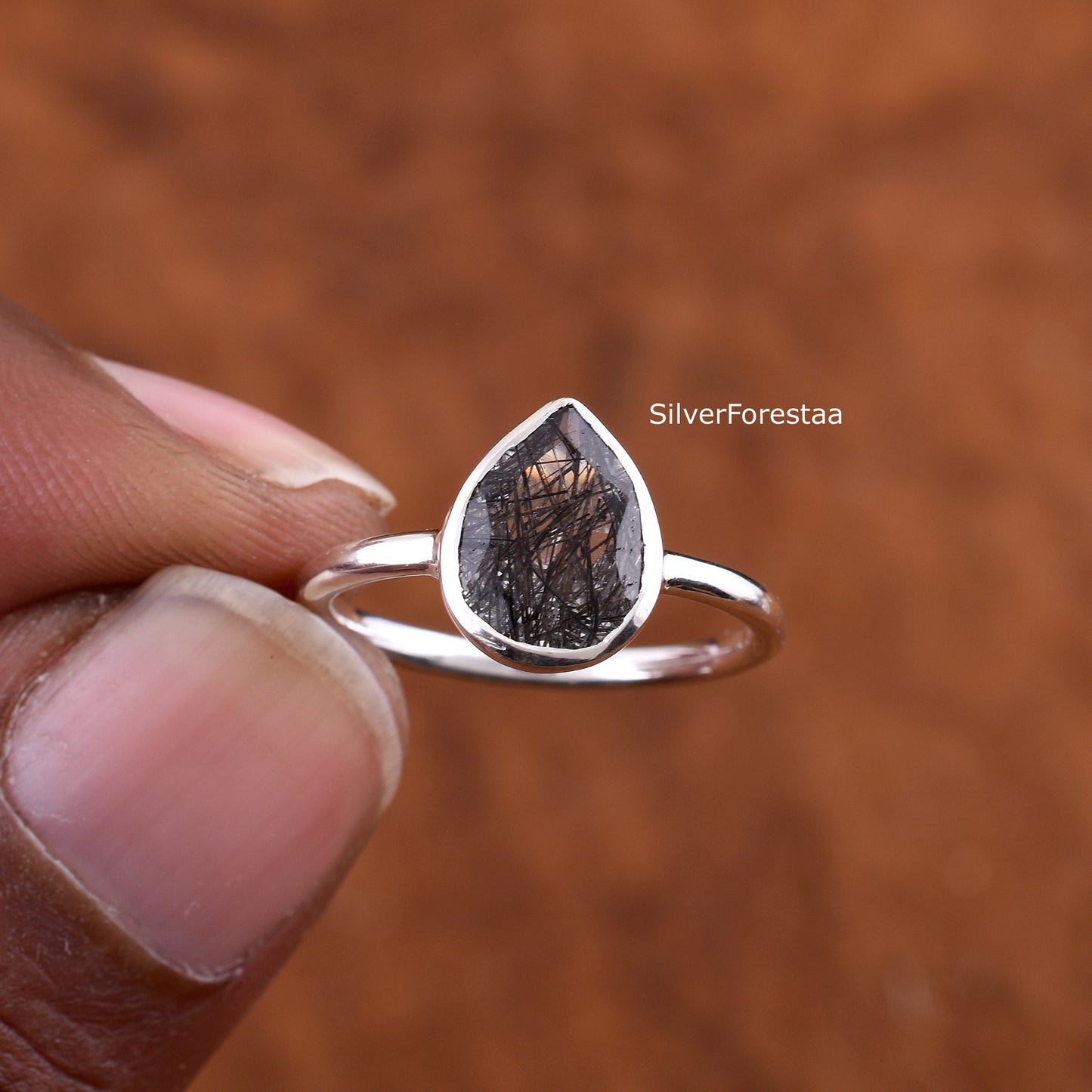 Natural Black Rutile Gemstone Ring – Dainty Silver Jewelry