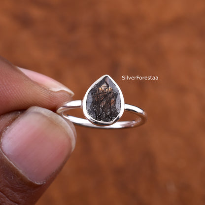 Natural Black Rutile Gemstone Ring – Dainty Silver Jewelry