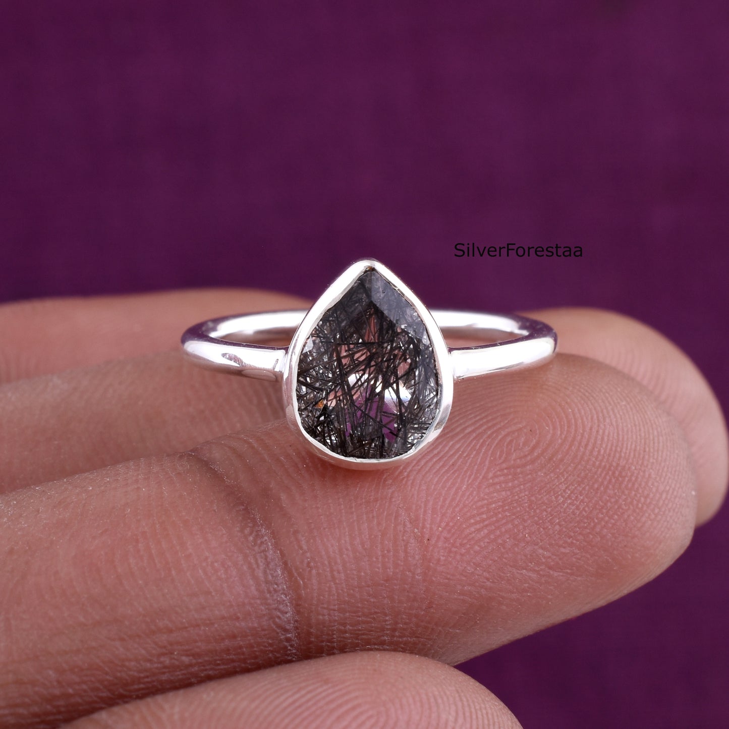 Natural Black Rutile Gemstone Ring – Dainty Silver Jewelry