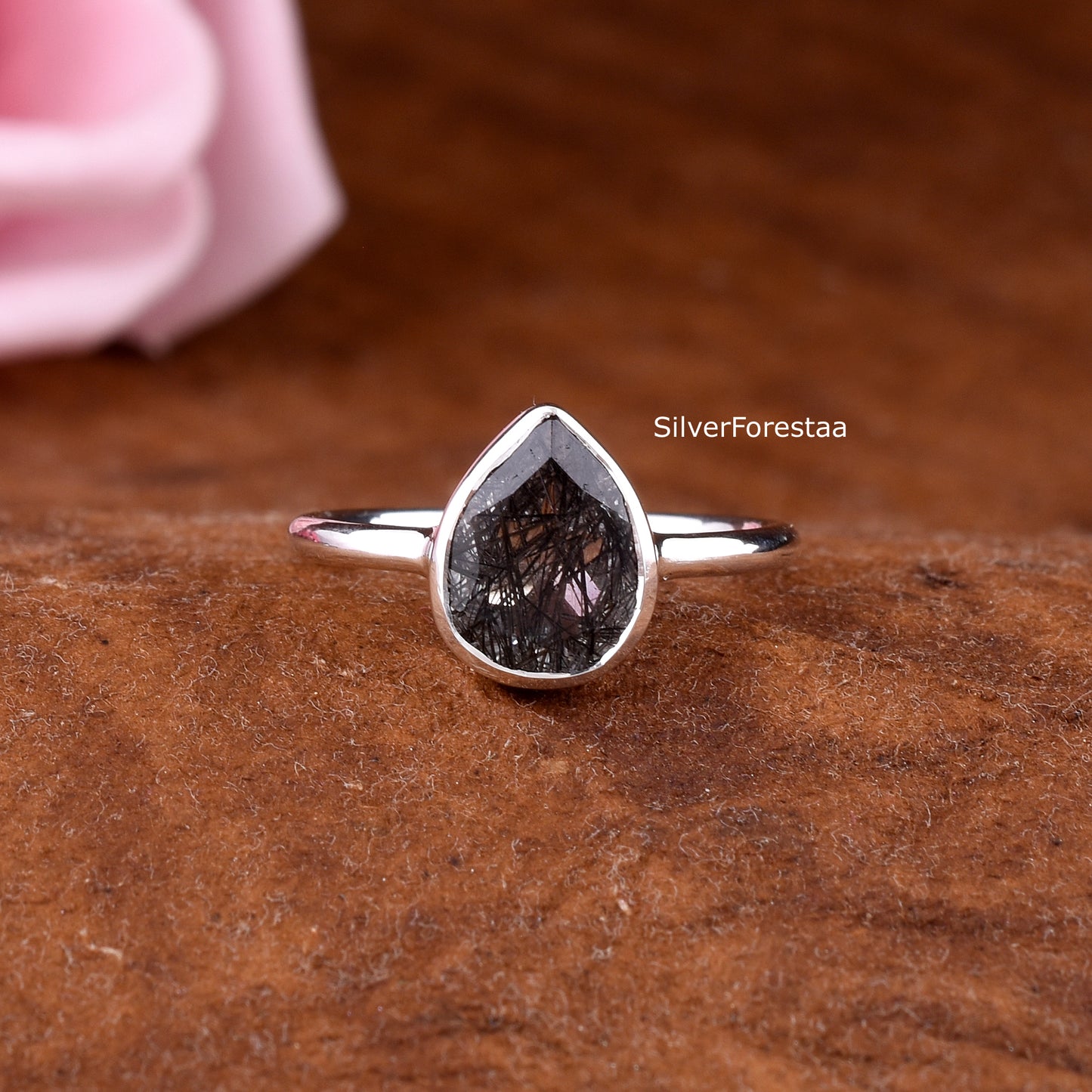 Natural Black Rutile Gemstone Ring – Dainty Silver Jewelry