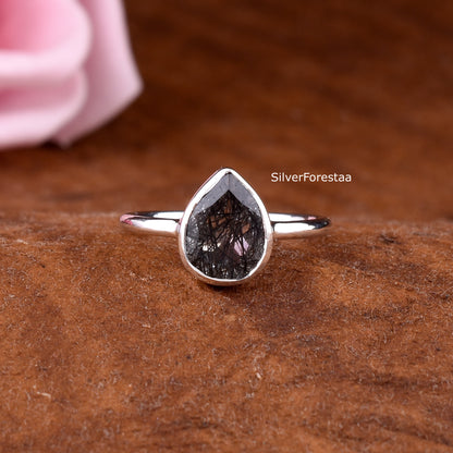 Natural Black Rutile Gemstone Ring – Dainty Silver Jewelry