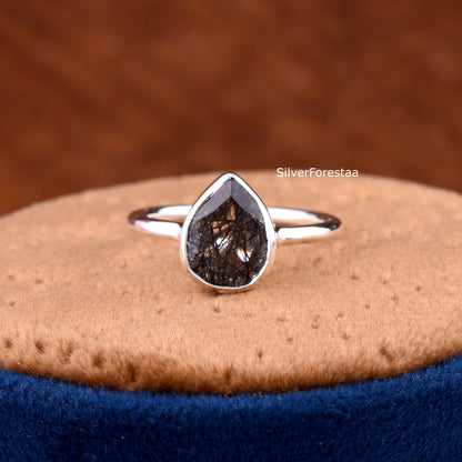 Natural Black Rutile Gemstone Ring – Dainty Silver Jewelry