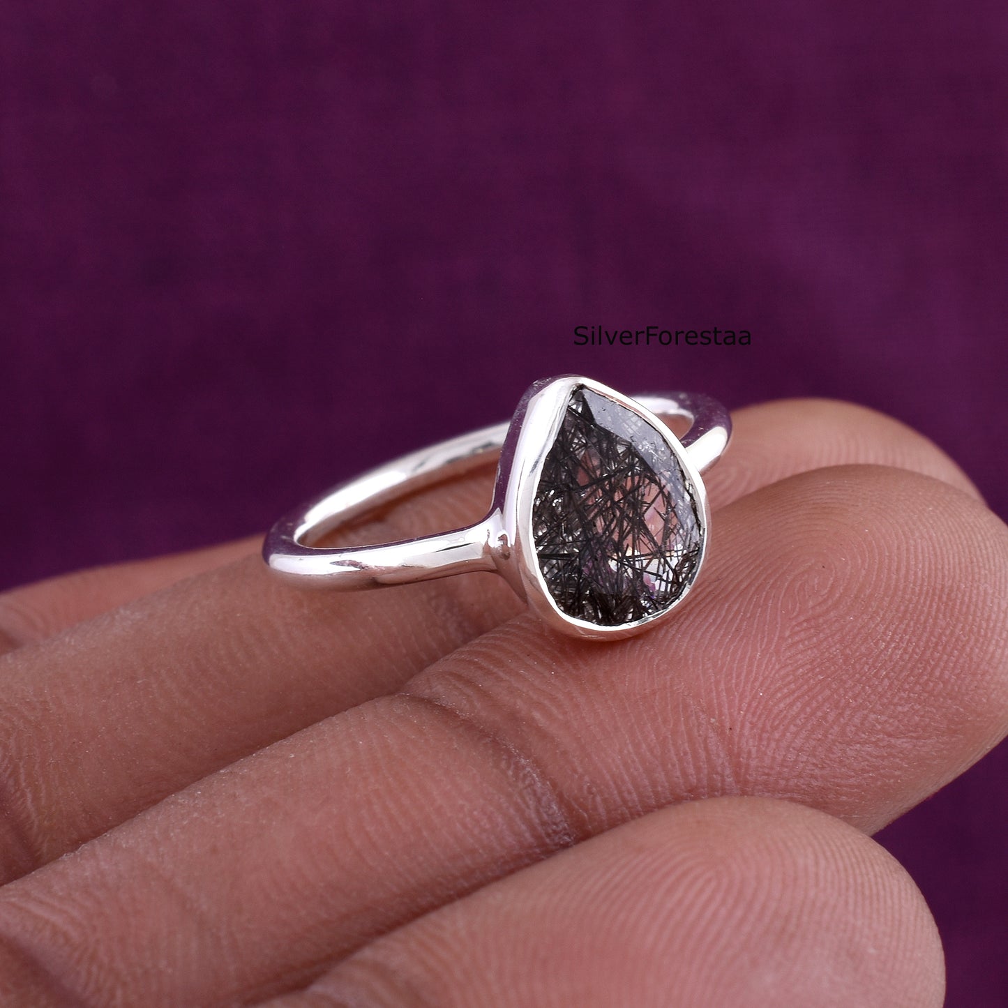 Natural Black Rutile Gemstone Ring – Dainty Silver Jewelry