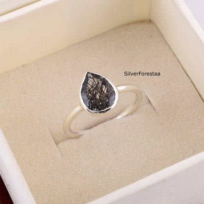 Natural Black Rutile Gemstone Ring – Dainty Silver Jewelry