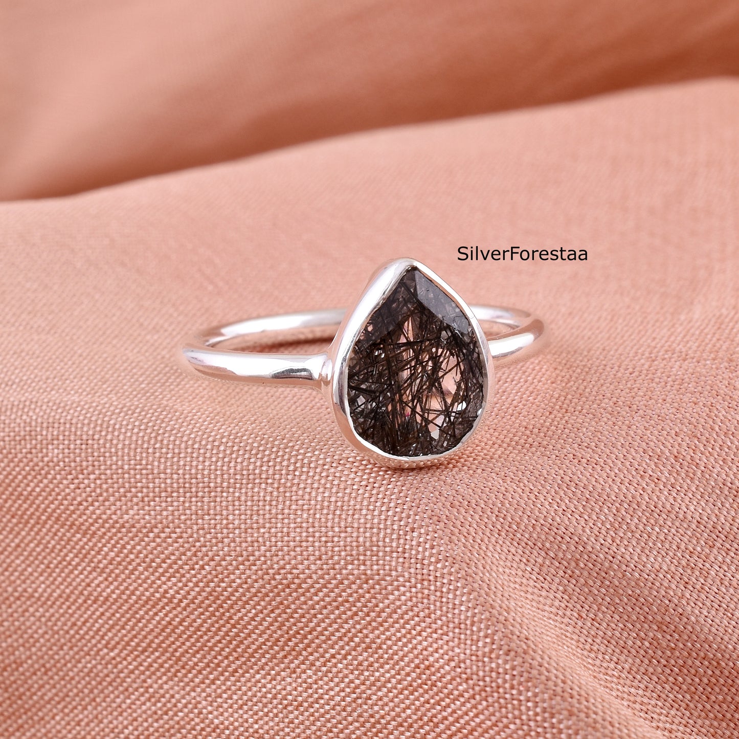 Natural Black Rutile Gemstone Ring – Dainty Silver Jewelry
