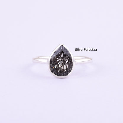 Natural Black Rutile Gemstone Ring – Dainty Silver Jewelry