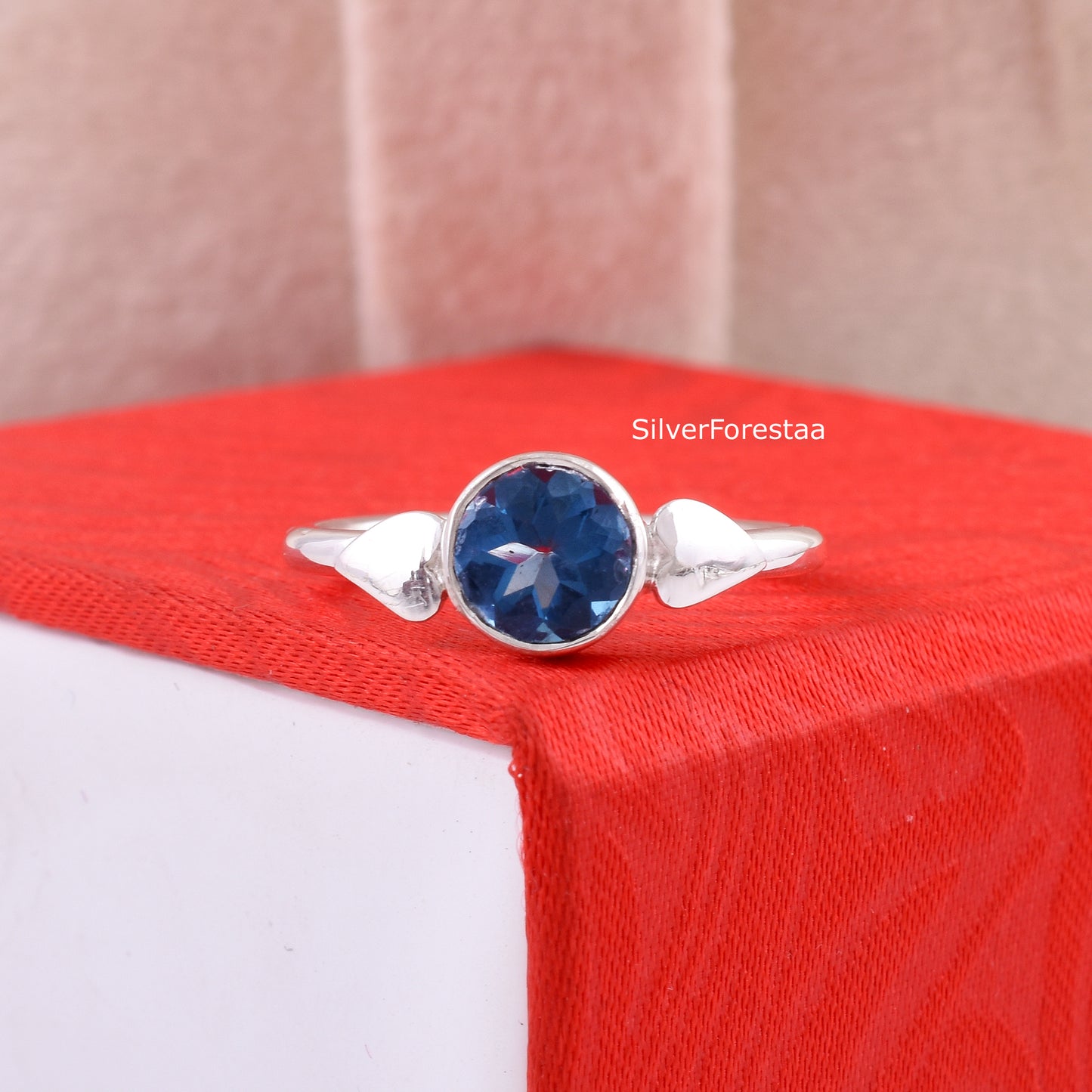 Round Cut Blue Topaz Silver Ring – Handmade Gemstone