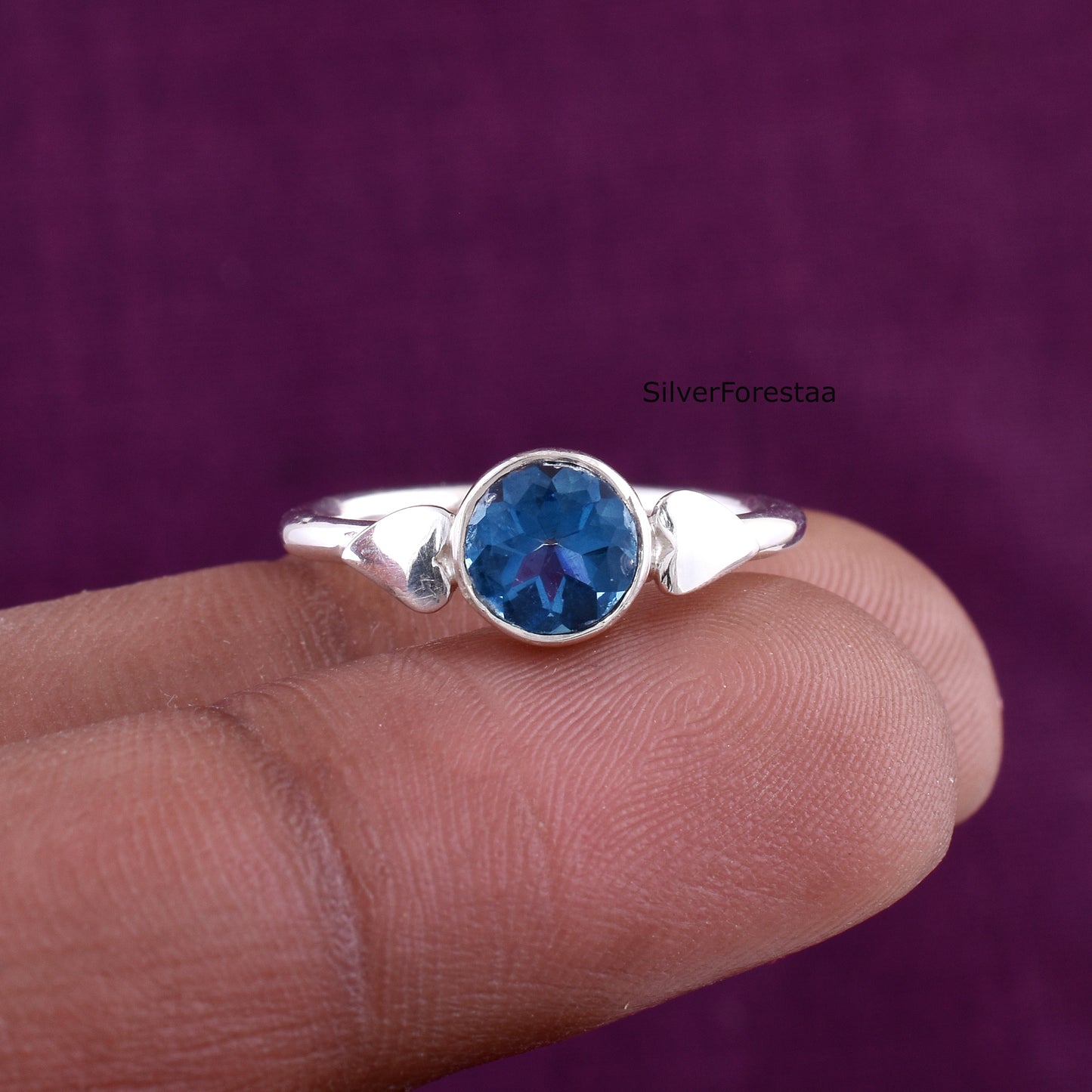 Round Cut Blue Topaz Silver Ring – Handmade Gemstone