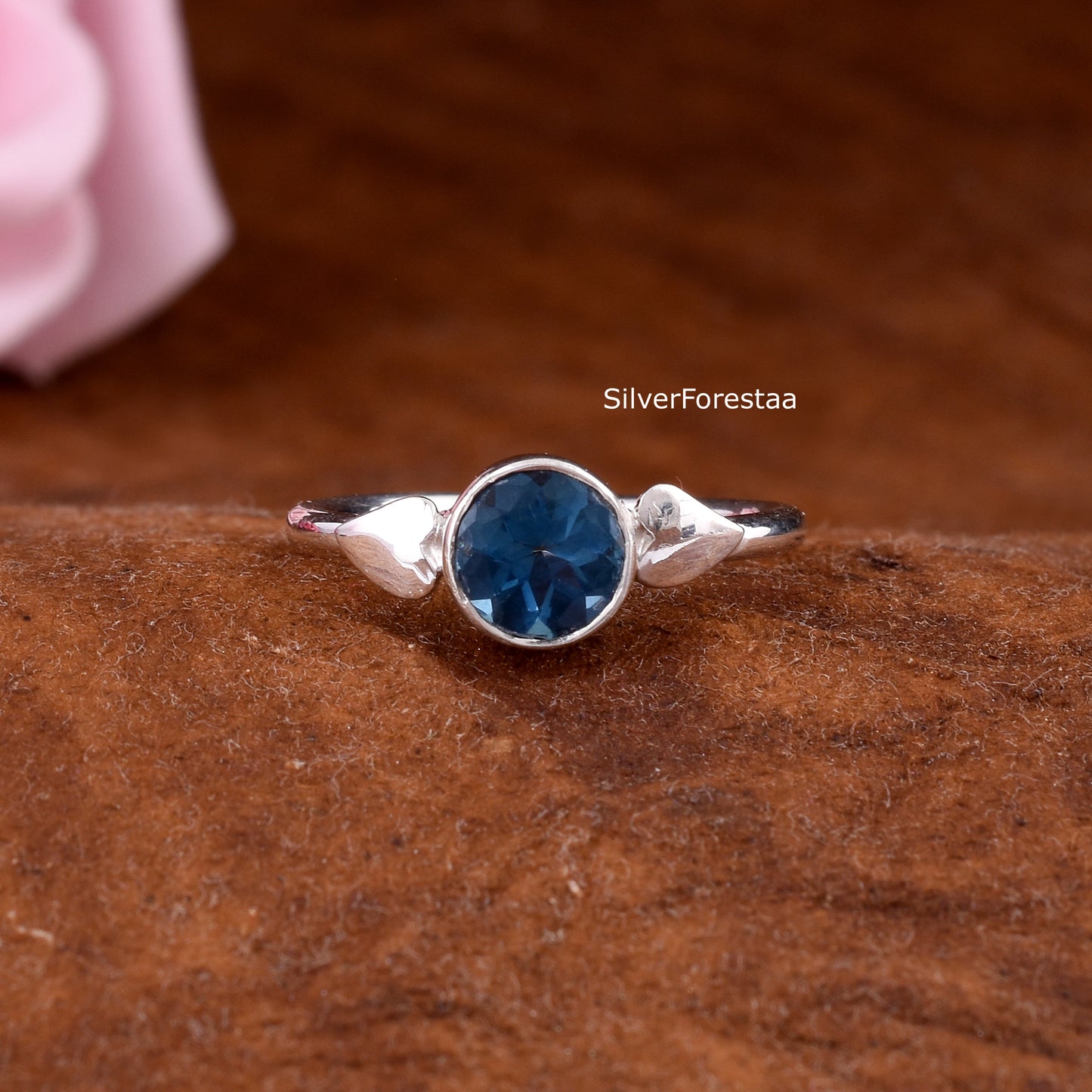 Round Cut Blue Topaz Silver Ring – Handmade Gemstone