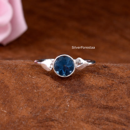 Round Cut Blue Topaz Silver Ring – Handmade Gemstone