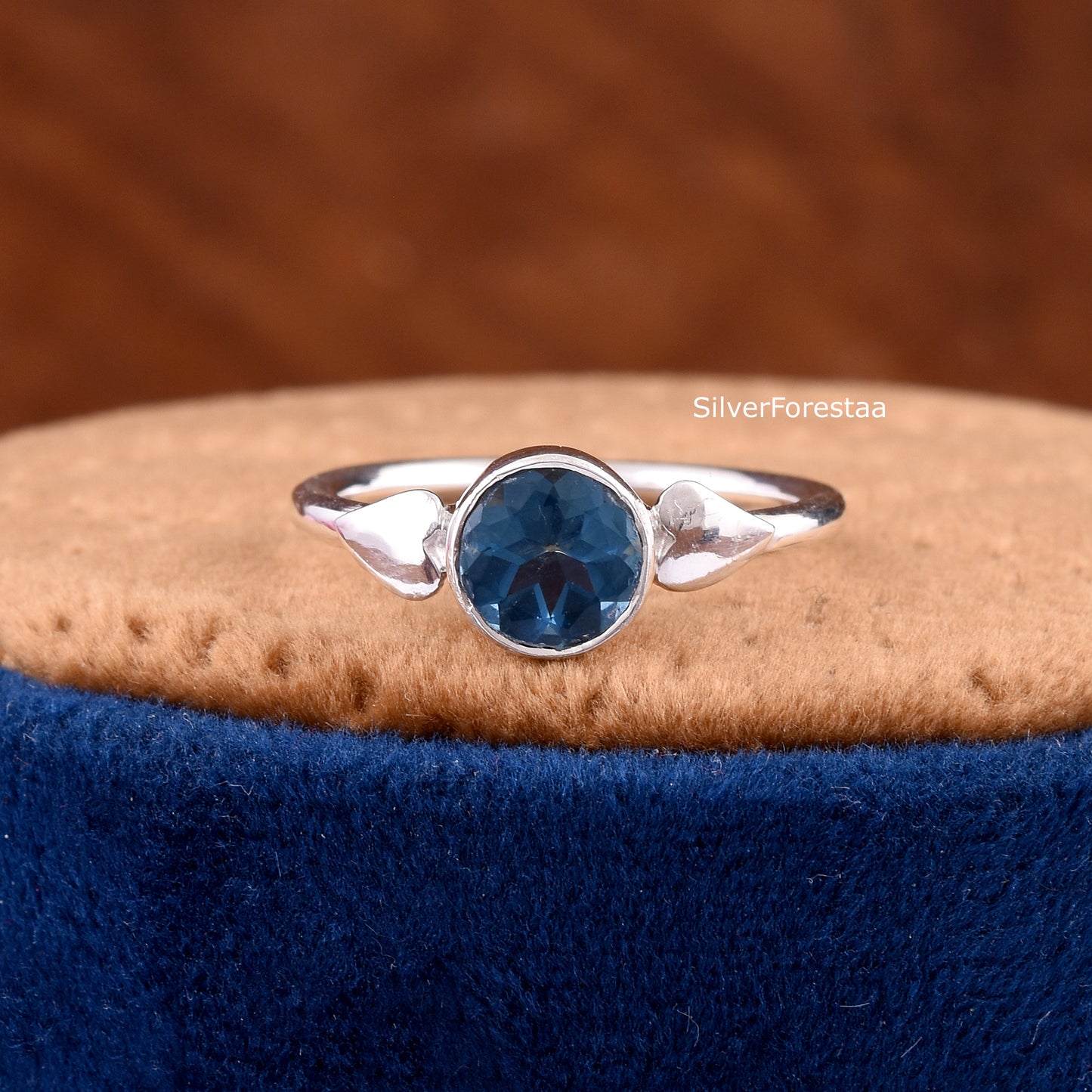 Round Cut Blue Topaz Silver Ring – Handmade Gemstone