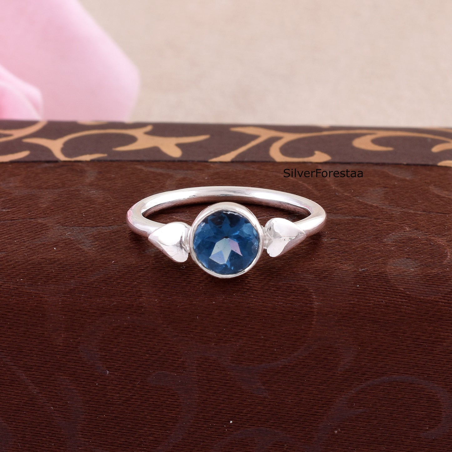 Round Cut Blue Topaz Silver Ring – Handmade Gemstone