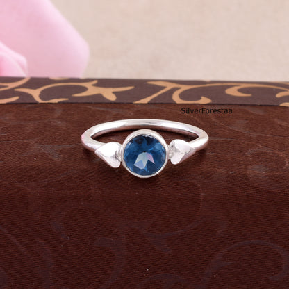 Round Cut Blue Topaz Silver Ring – Handmade Gemstone