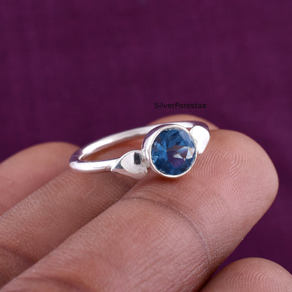 Round Cut Blue Topaz Silver Ring – Handmade Gemstone