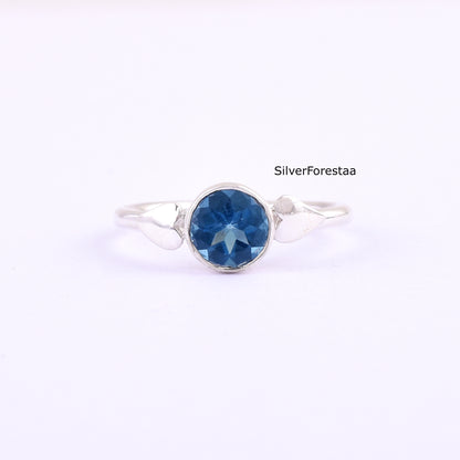 Round Cut Blue Topaz Silver Ring – Handmade Gemstone