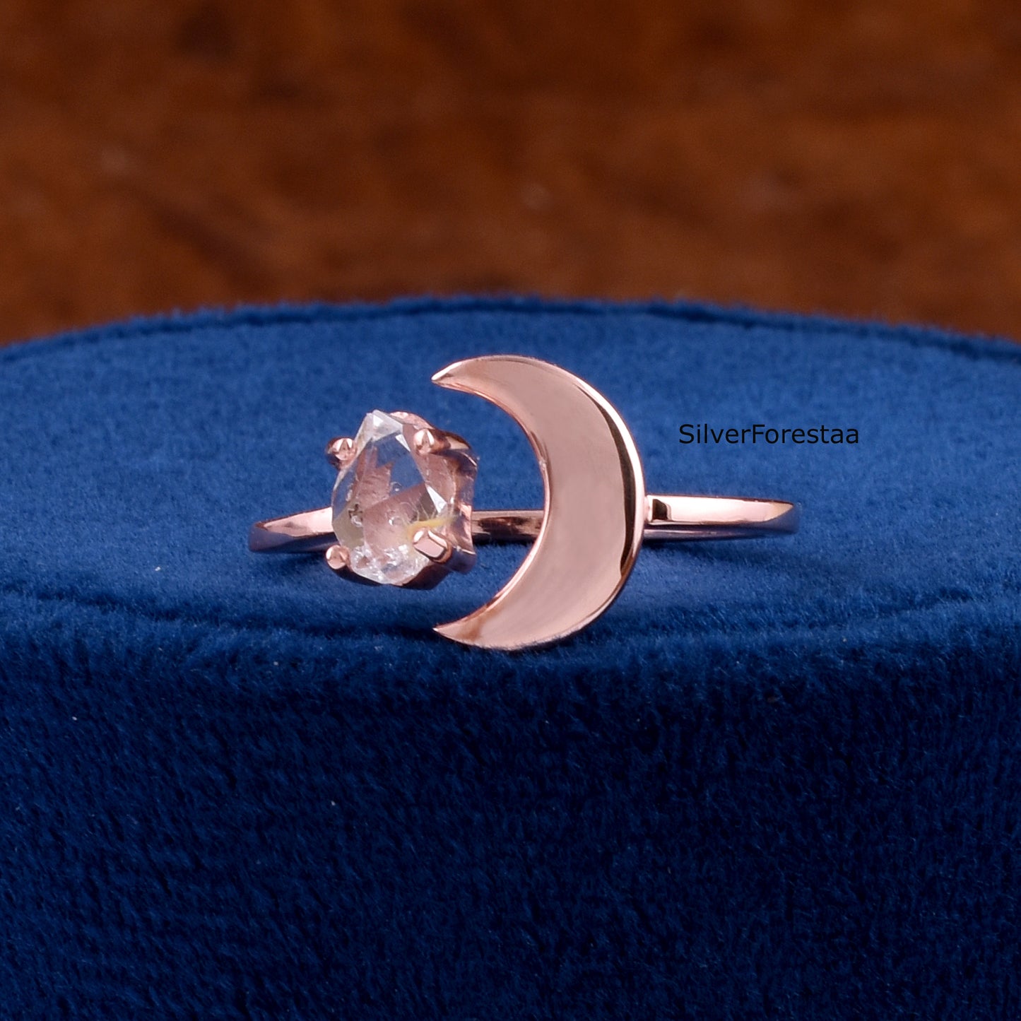 Raw Herkimer Diamond Crescent Moon Silver Ring - SilverForestaa
