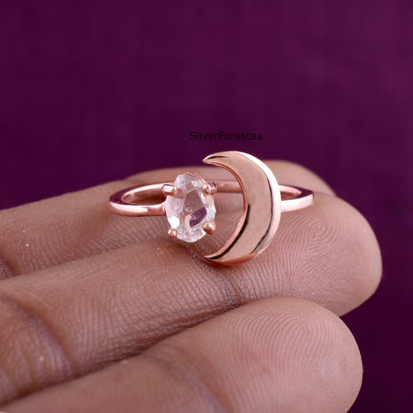 Raw Herkimer Diamond Crescent Moon Silver Ring - SilverForestaa