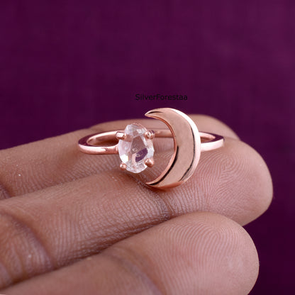 Raw Herkimer Diamond Crescent Moon Silver Ring - SilverForestaa