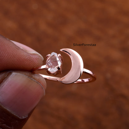 Raw Herkimer Diamond Crescent Moon Silver Ring - SilverForestaa