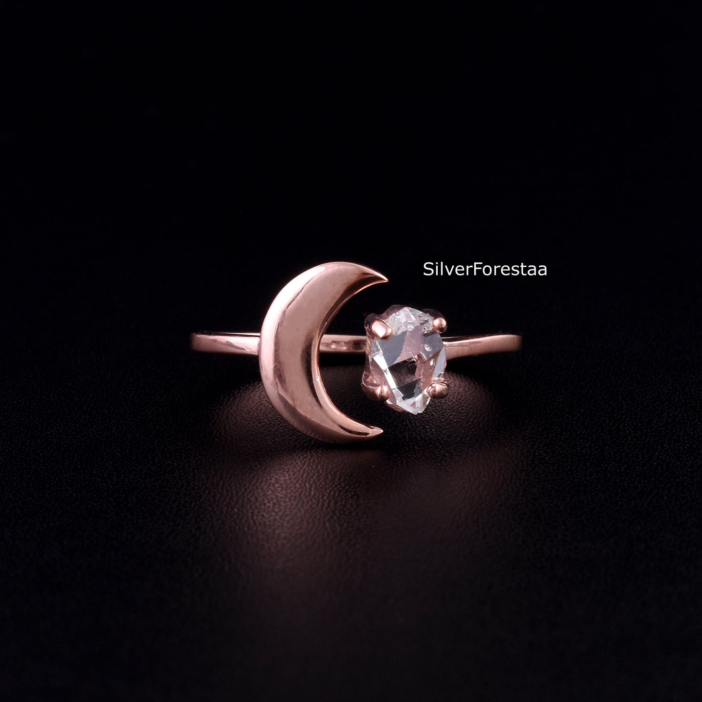 Raw Herkimer Diamond Crescent Moon Silver Ring - SilverForestaa
