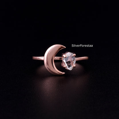 Raw Herkimer Diamond Crescent Moon Silver Ring - SilverForestaa