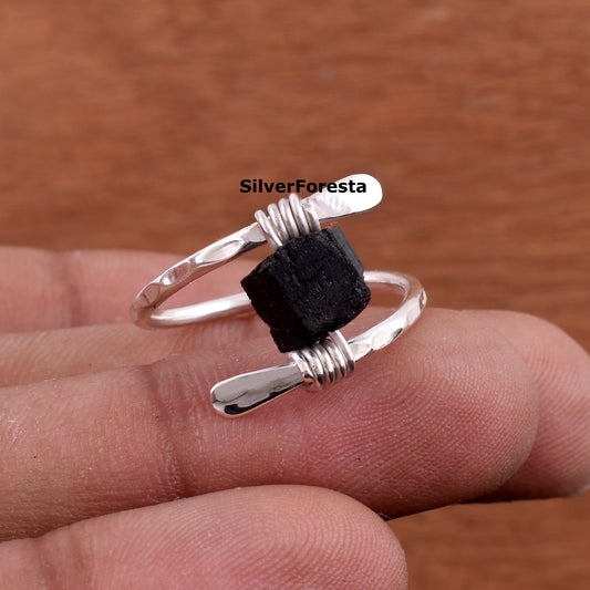 Handcrafted Raw Black Tourmaline Gemstone Ring – Sterling Silver Wire Wrap