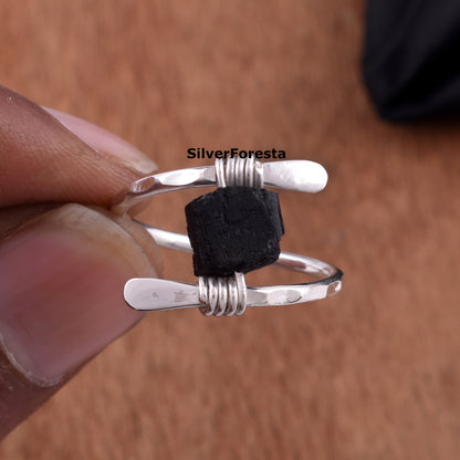 Handcrafted Raw Black Tourmaline Gemstone Ring – Sterling Silver Wire Wrap