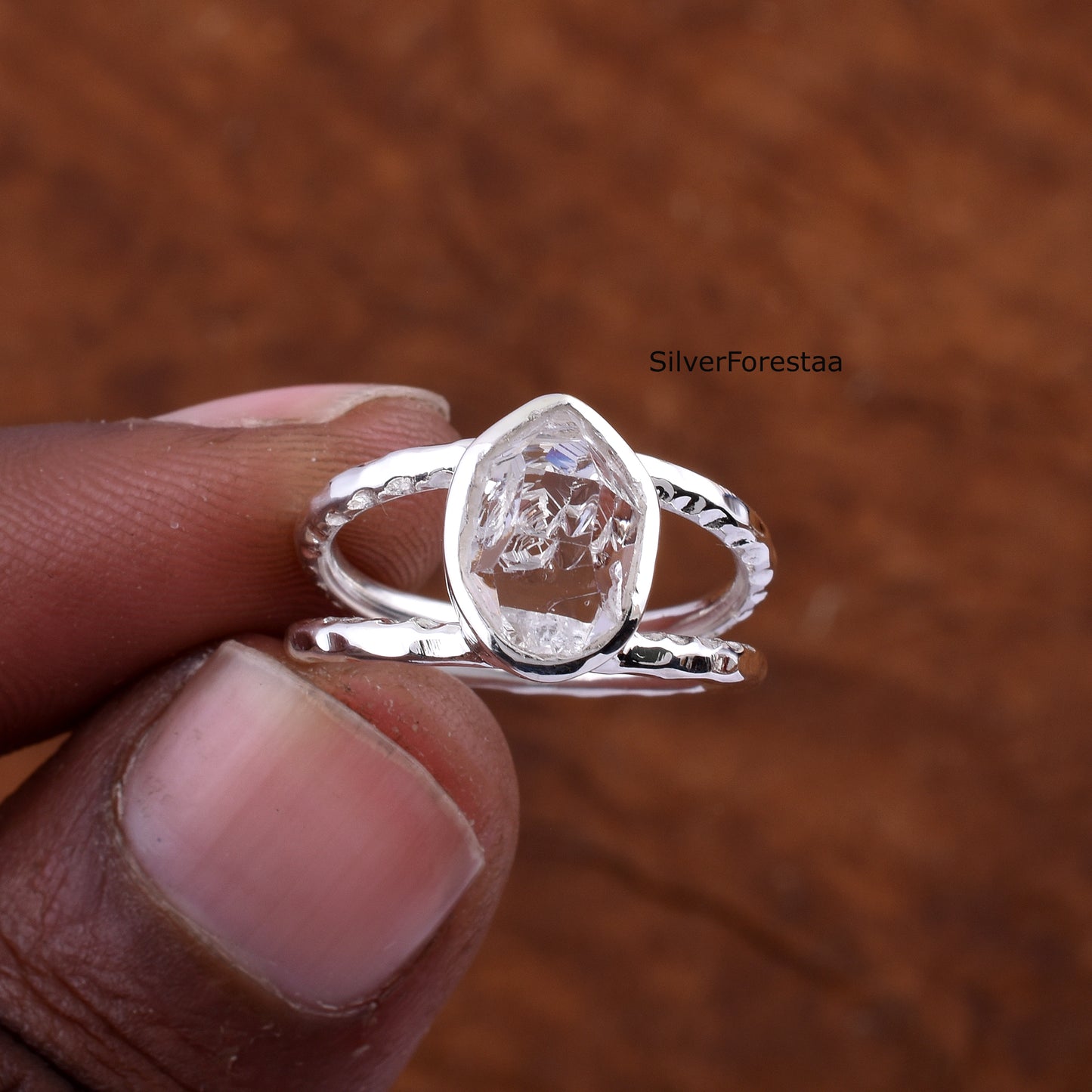 Dainty Herkimer Diamond Crystal Ring in 925 Silver