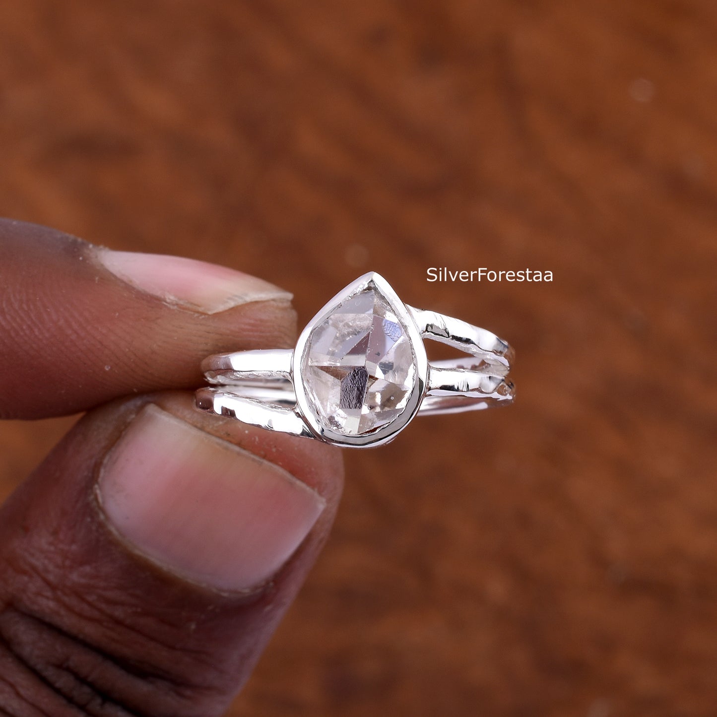 Minimalist Raw Herkimer Diamond Silver Ring