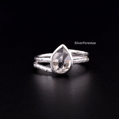 Minimalist Raw Herkimer Diamond Silver Ring