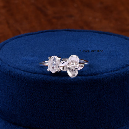 Dainty Raw Herkimer Diamond Sterling Silver Ring - SilverForestaa