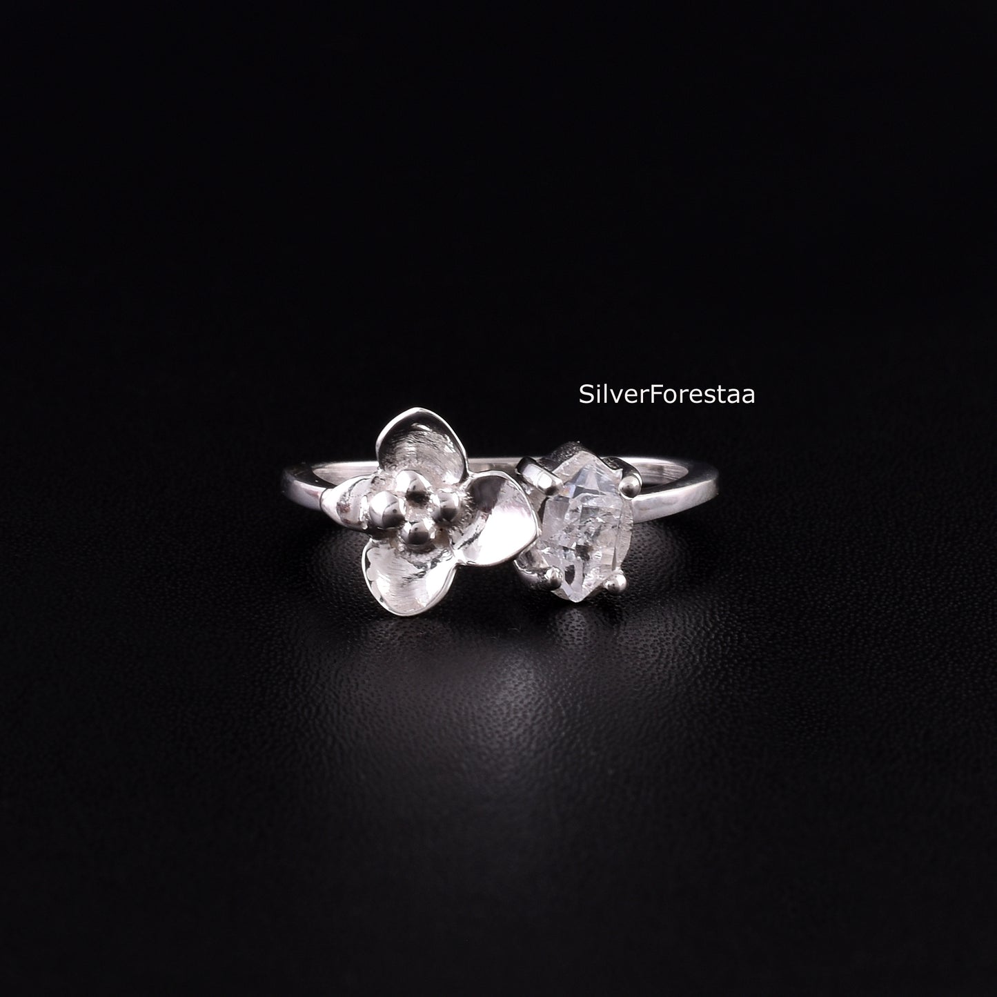 Dainty Raw Herkimer Diamond Sterling Silver Ring - SilverForestaa