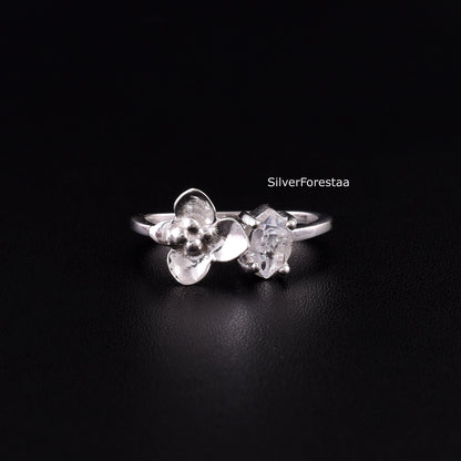 Dainty Raw Herkimer Diamond Sterling Silver Ring - SilverForestaa