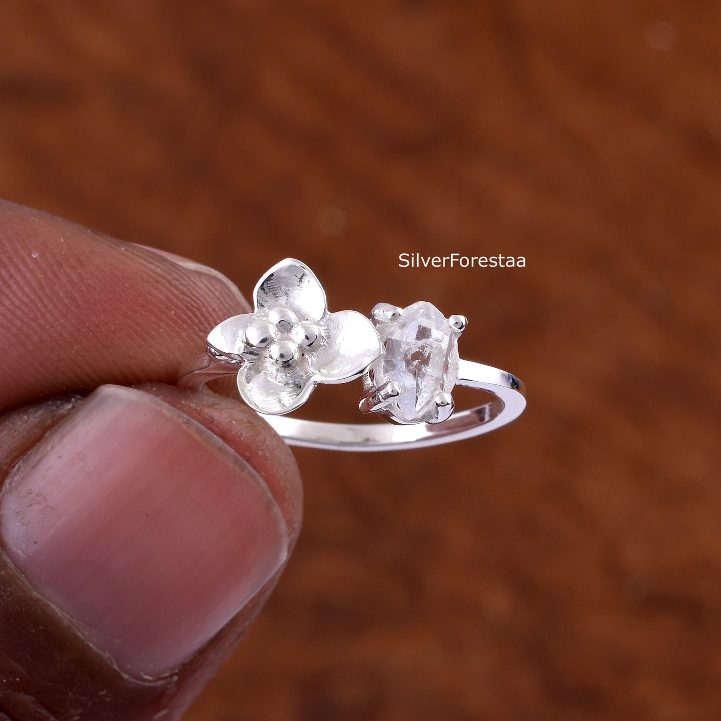 Dainty Raw Herkimer Diamond Sterling Silver Ring - SilverForestaa