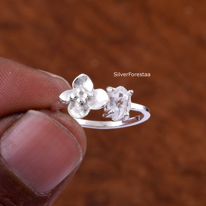 Dainty Raw Herkimer Diamond Sterling Silver Ring - SilverForestaa