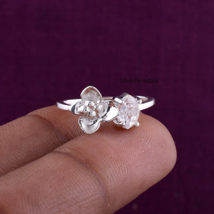 Dainty Raw Herkimer Diamond Sterling Silver Ring - SilverForestaa