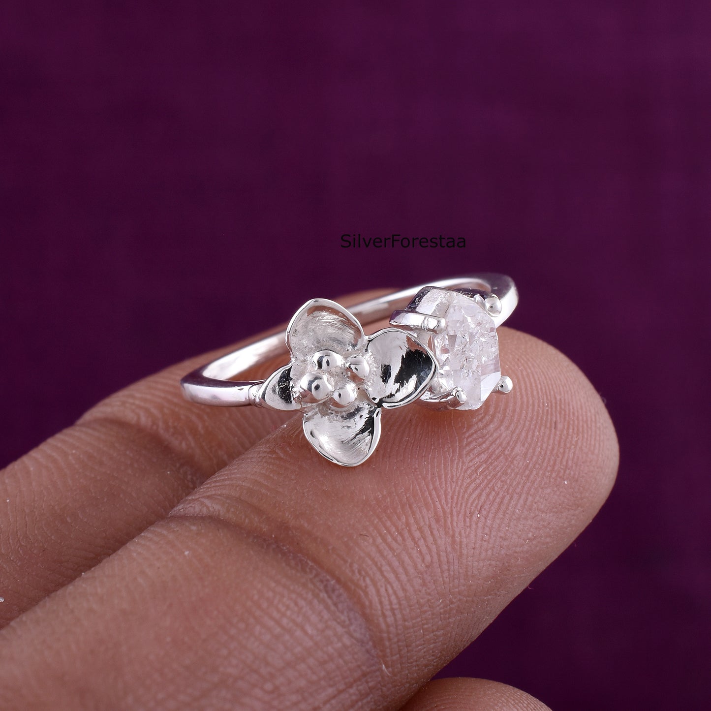 Dainty Raw Herkimer Diamond Sterling Silver Ring - SilverForestaa