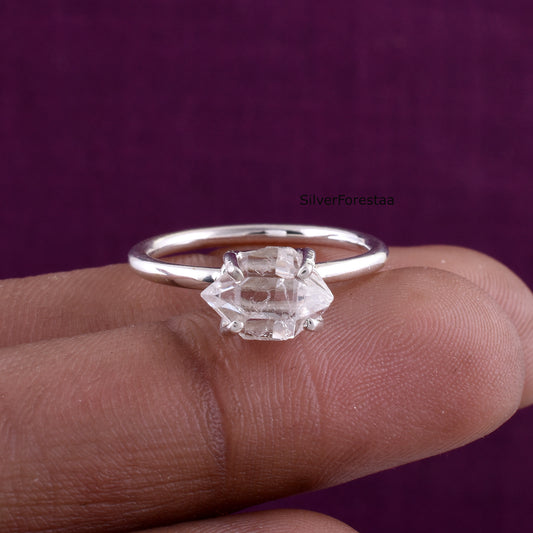 Genuine Raw Herkimer Diamond Ring in 925 Silver