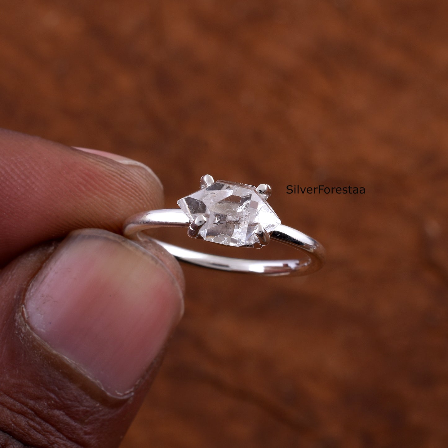 Genuine Raw Herkimer Diamond Ring in 925 Silver