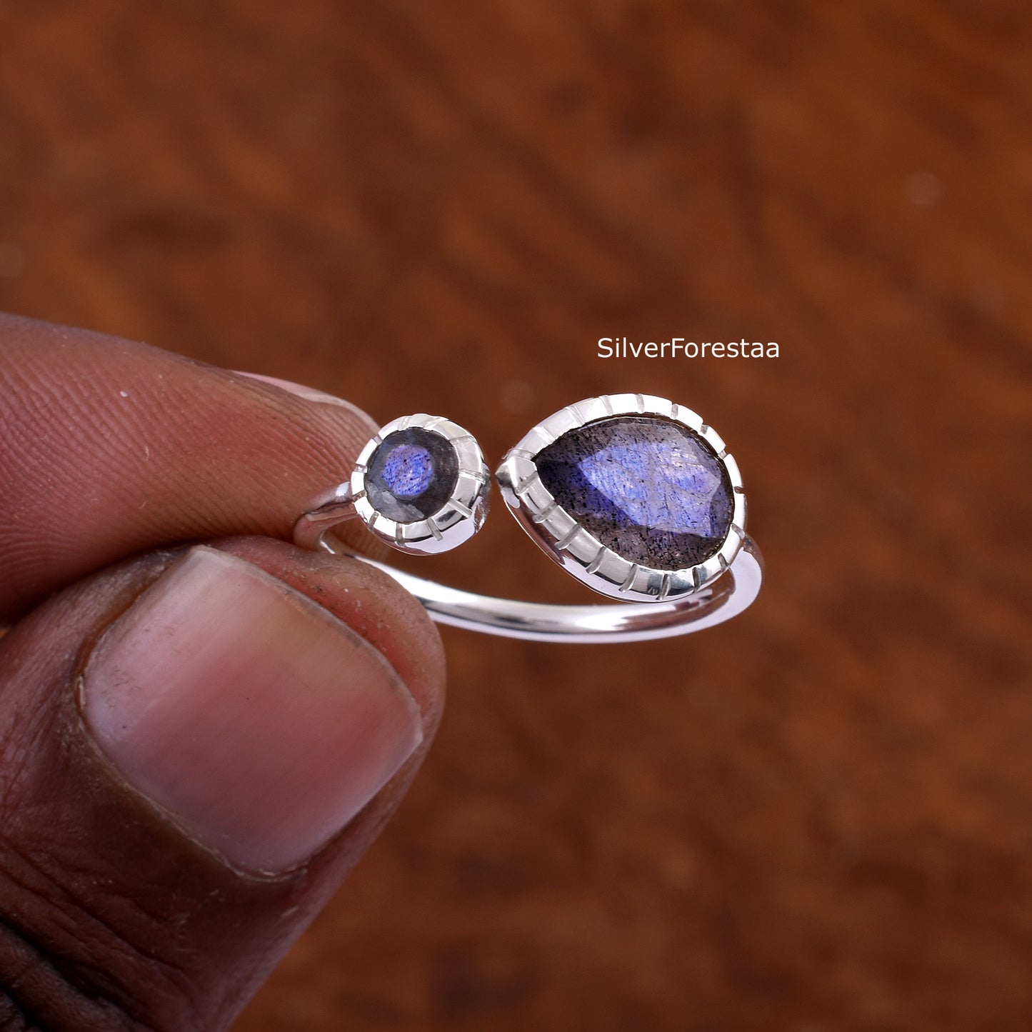 Dainty Double Labradorite Sterling Silver Ring – Boho Gemstone Jewelry