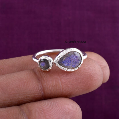 Dainty Double Labradorite Sterling Silver Ring – Boho Gemstone Jewelry