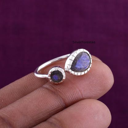 Dainty Double Labradorite Sterling Silver Ring – Boho Gemstone Jewelry